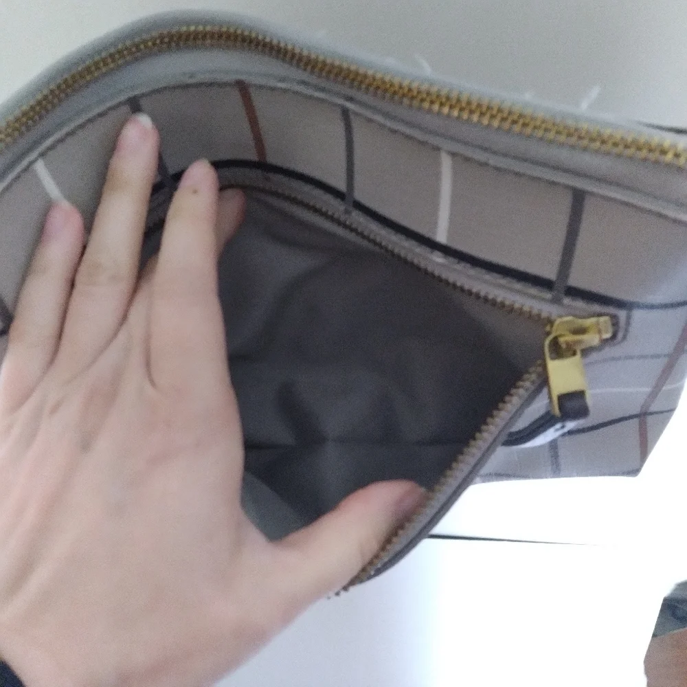 Fossil Gray and Brown Neutral Plaid Zip Top Crossbody Purse Handbag